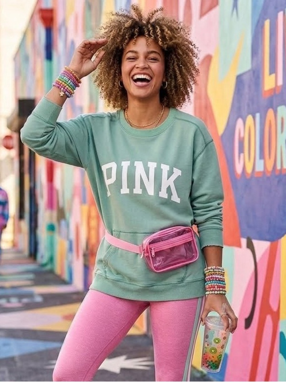VS PINK Graphic Logo Sweatshirt in Light Teal Green Size Large